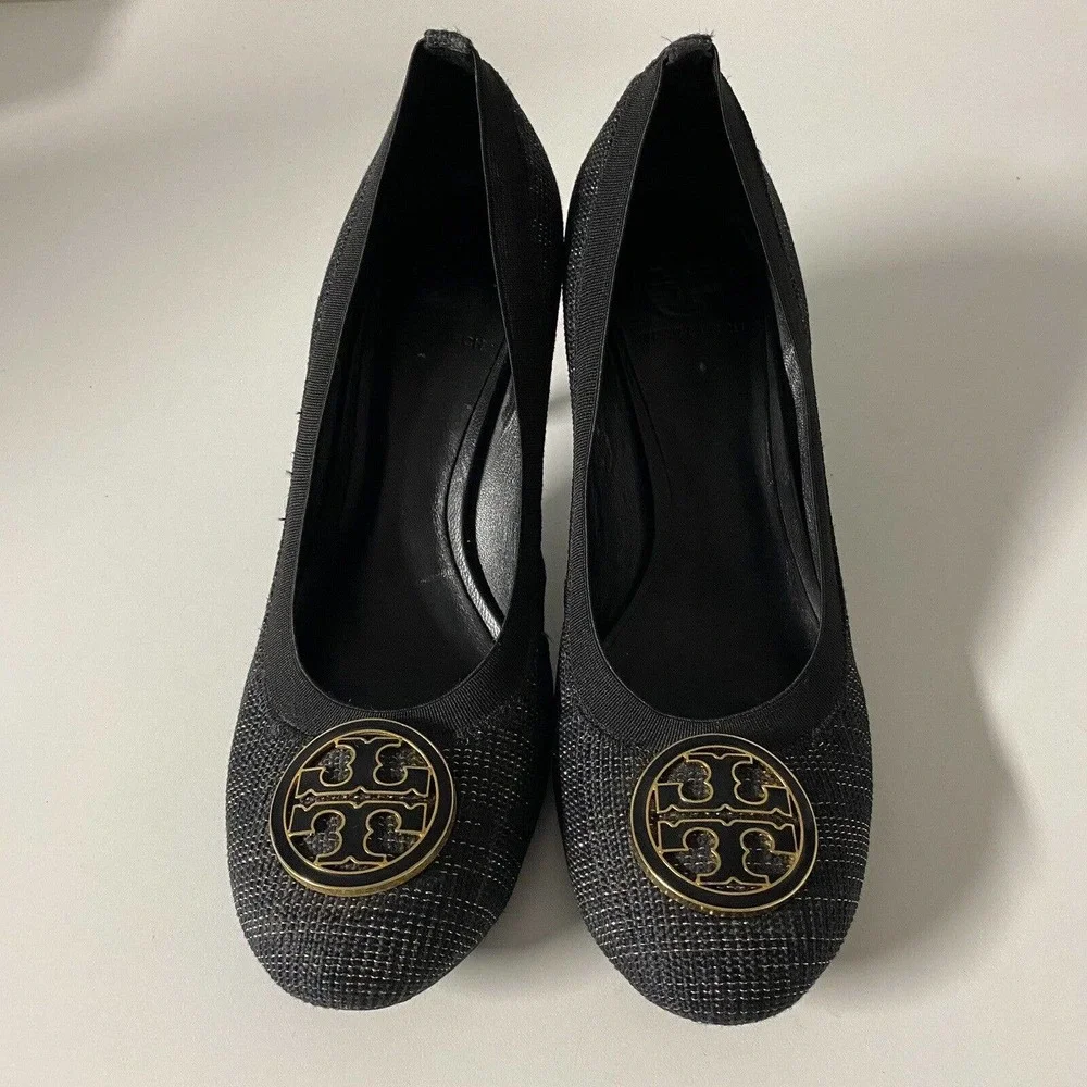 Tory Burch Pump Caroline Tweed Black Gold Round Toe Logo 9 M 3